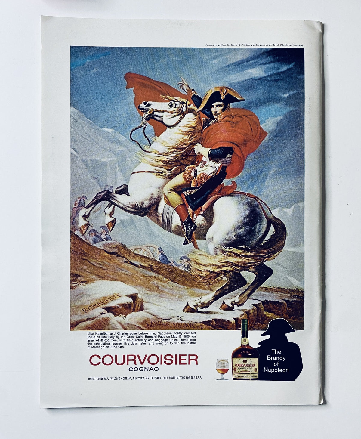 Advertisement for Courvoisier Cognac featuring an artistic depiction of Napoleon on horseback, showcased on the back cover of The New Yorker Magazine December 27, 1969.
