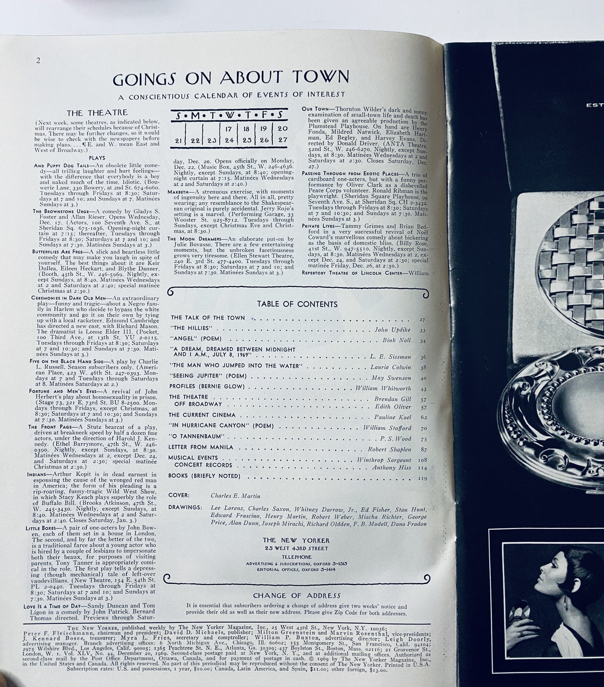 Interior page of The New Yorker Magazine December 20, 1969, displaying the 'Goings On About Town' section, including tables of contents and event listings.