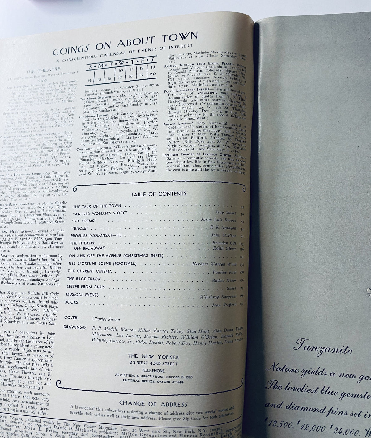 Inside page of The New Yorker Magazine December 13, 1969 displaying the Table of Contents, including listings for articles such as 'An Old Woman's Story' and 'The Current Cinema', along with a calendar of events.