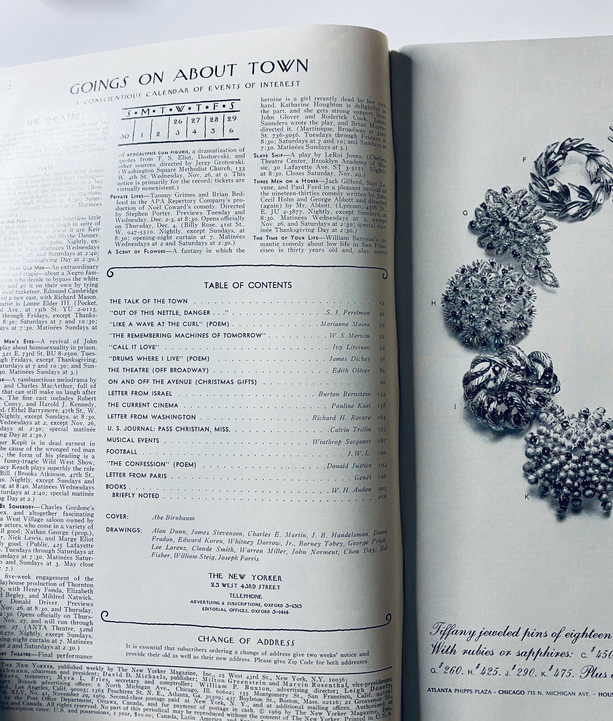 Inside page of The New Yorker Magazine November 29, 1969 showcasing the Table of Contents and Goings On About Town section.