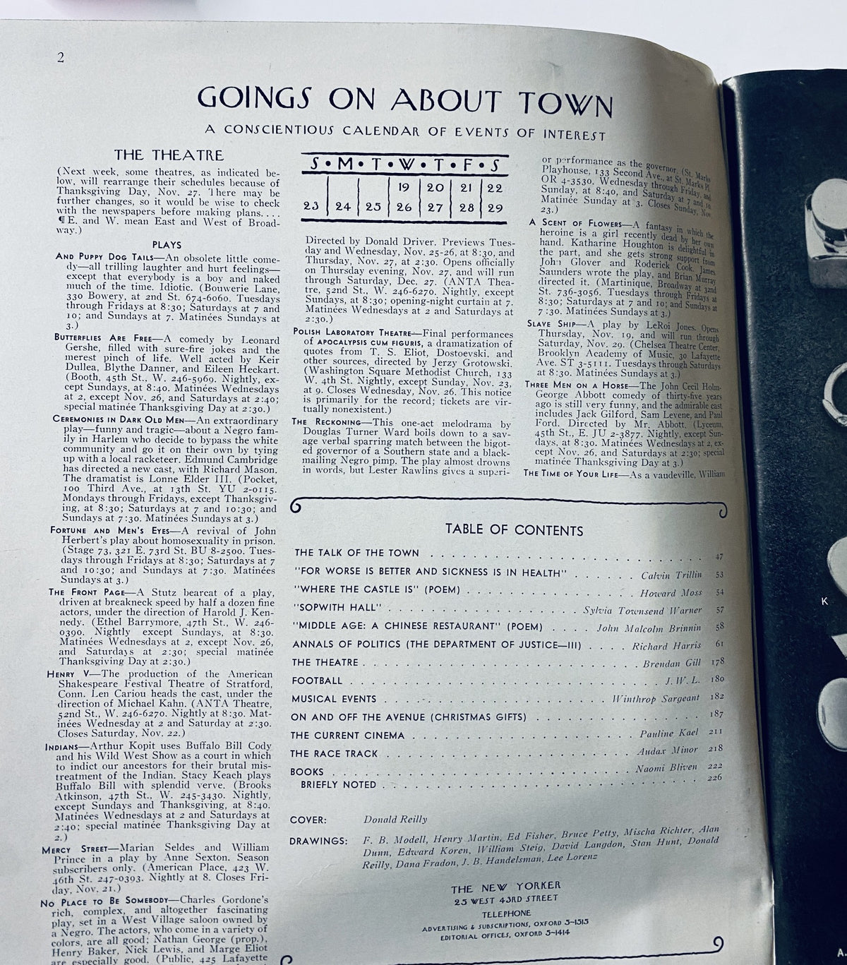 Interior of The New Yorker Magazine November 22, 1969 featuring the Goings On About Town section including a calendar of events and the Table of Contents. Cover artwork by Donald Reilly, showcasing the magazine's detailed content and layout.