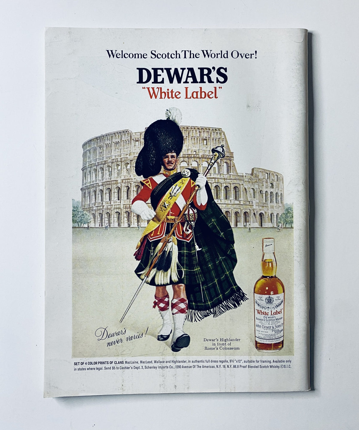 Advertisement for Dewar's White Label whisky featured in The New Yorker Magazine February 8, 1969, showing a bagpiper in Scottish attire with a backdrop of the Colosseum.