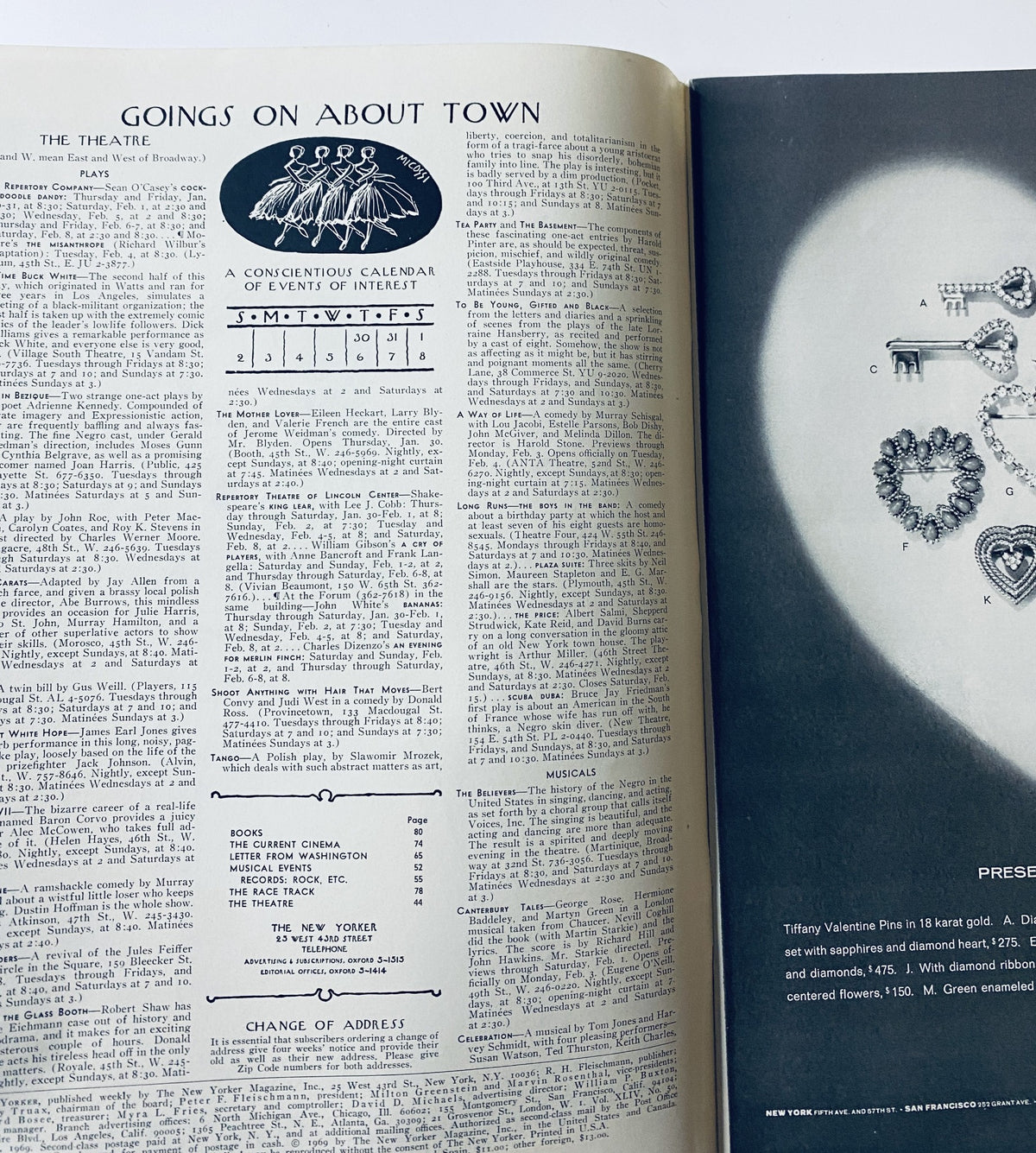Interior page of The New Yorker Magazine from February 1, 1969, displaying a section titled 'Goings On About Town' with listings of local events and activities. Title: The New Yorker Magazine February 1, 1969 Charles Martin Architectural Cover VG.