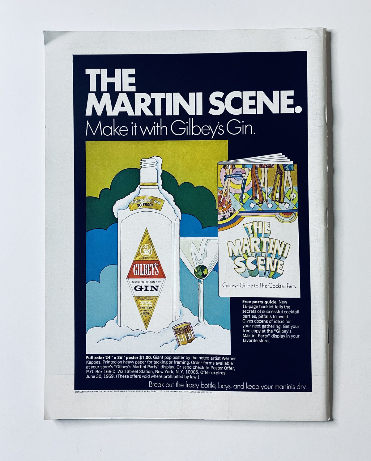 Back cover of The New Yorker Magazine February 1, 1969 featuring an advertisement for Gilbey's Gin promoting a martini guide. Title: The New Yorker Magazine February 1, 1969 Charles Martin Architectural Cover VG.