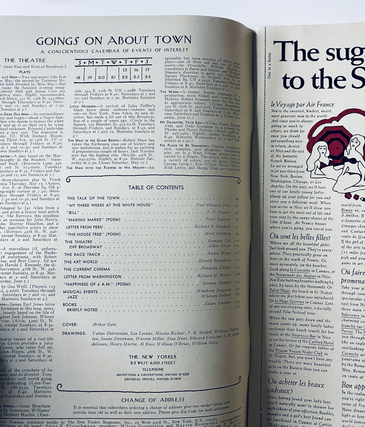 Inside page of The New Yorker Magazine, May 17, 1969, detailing contents such as 'The Talk of the Town' and articles by various authors, with elegant typography.