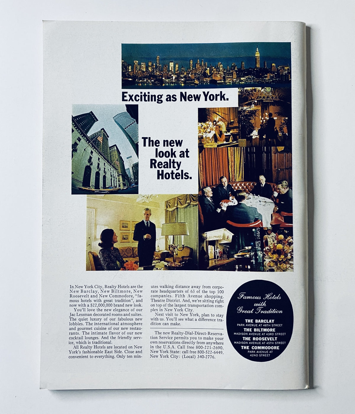 Back cover of The New Yorker Magazine, May 17, 1969, featuring an advertisement for Realty Hotels, showcasing iconic New York imagery and elegant dining scene, with the title 'The New Yorker Magazine May 17, 1969 Arthur Getz Interior Café Cover VG'.