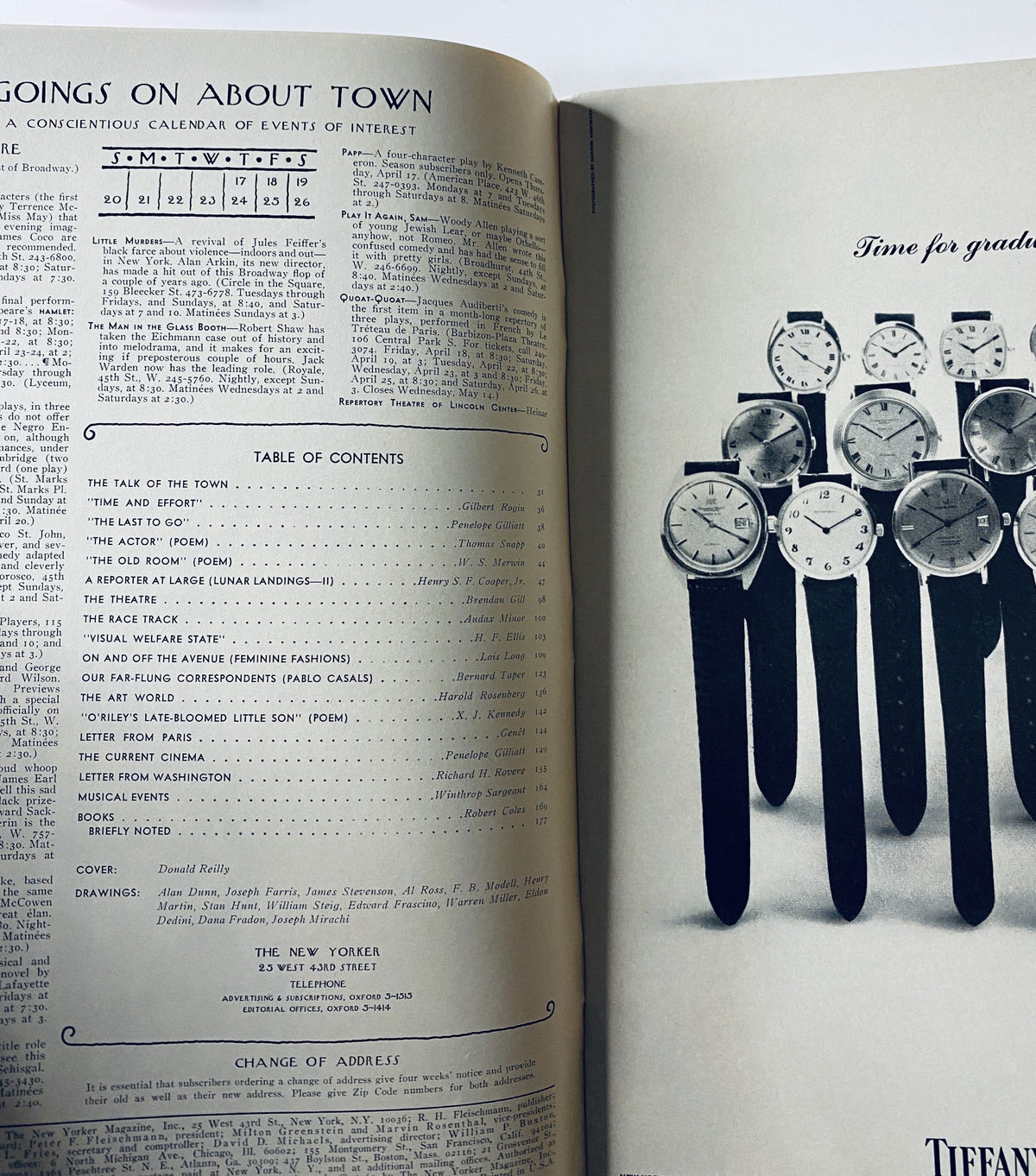 The New Yorker Magazine April 19, 1969 featuring Donald Reilly's cover illustrating a collection of timepieces and a table of contents listing various articles. The magazine is in very good condition with minor edge wear.