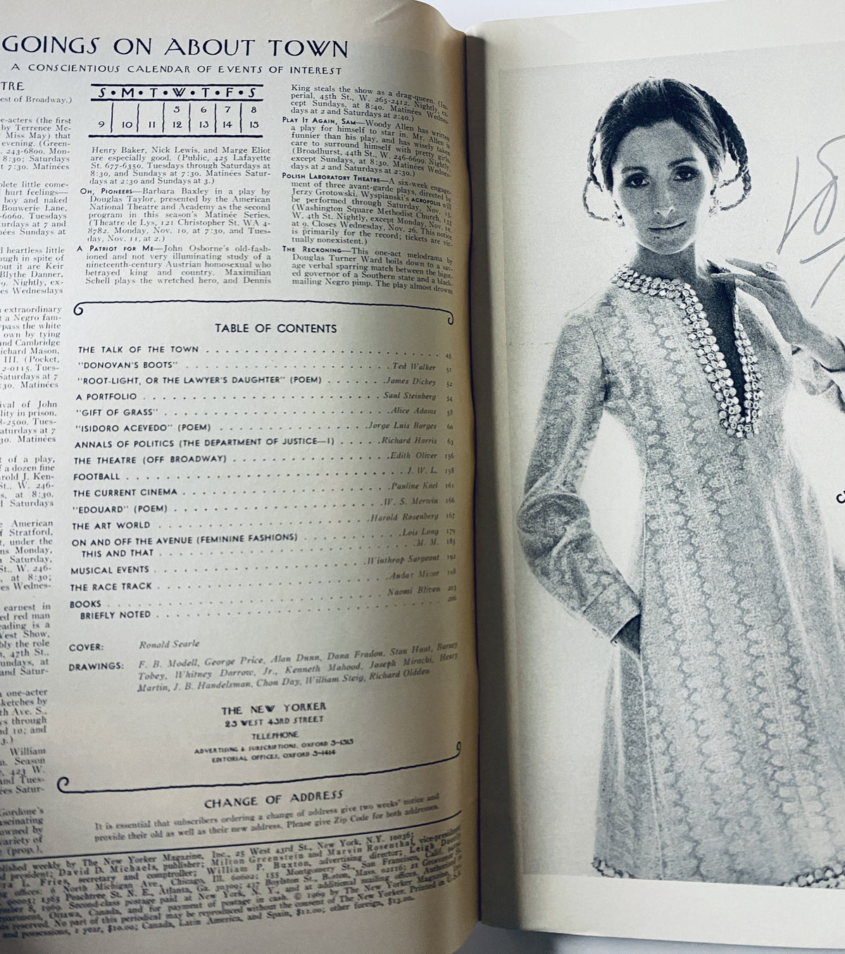 Inside page of The New Yorker Magazine from November 8, 1969 showing the contents and features a photograph of a model wearing a vintage dress. Includes highlighted articles from the issue.