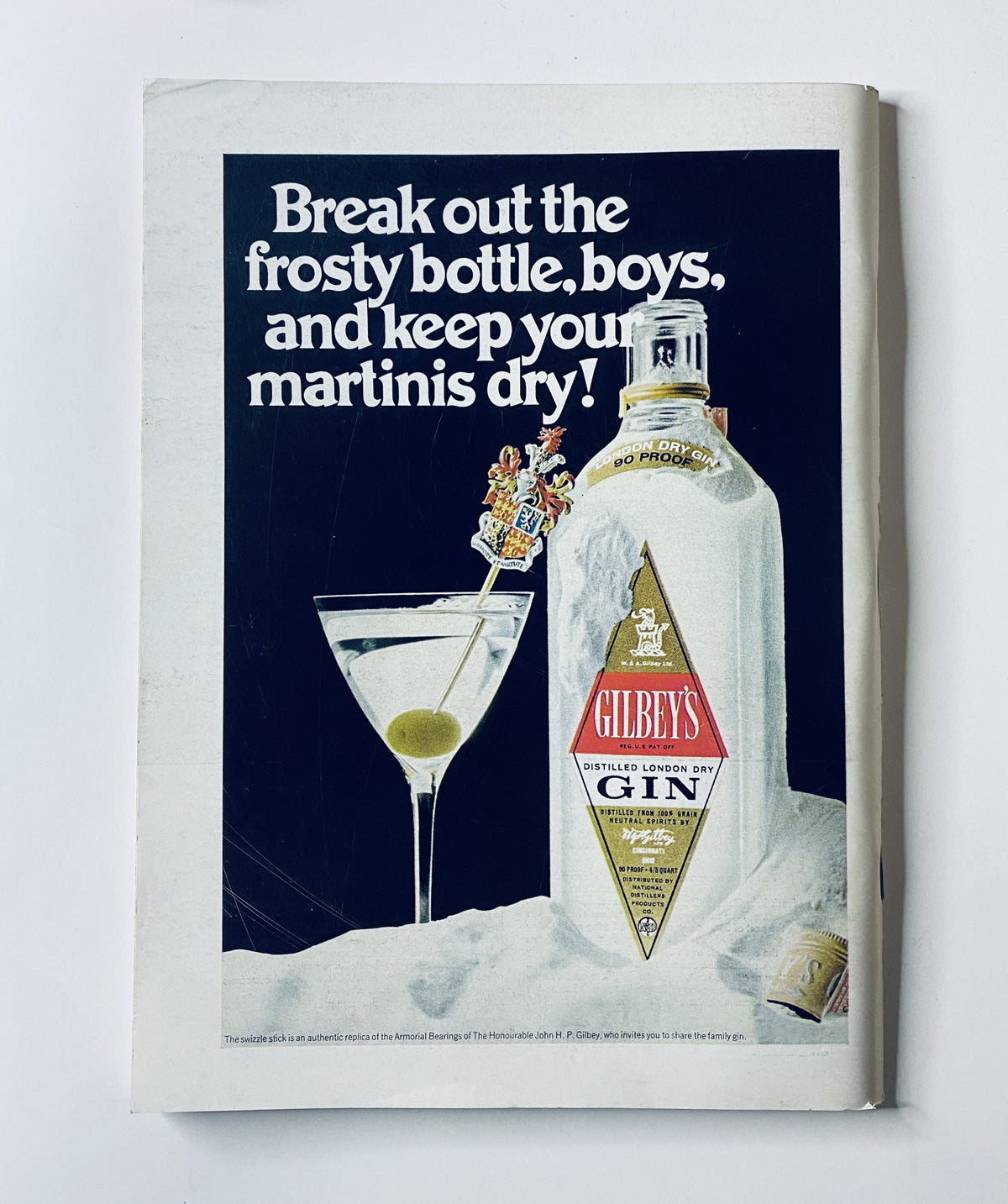 Back cover advertisement of The New Yorker Magazine from November 8, 1969 promoting Gilbey's Gin with a visual appeal of a cocktail. Part of the vintage magazine collection.
