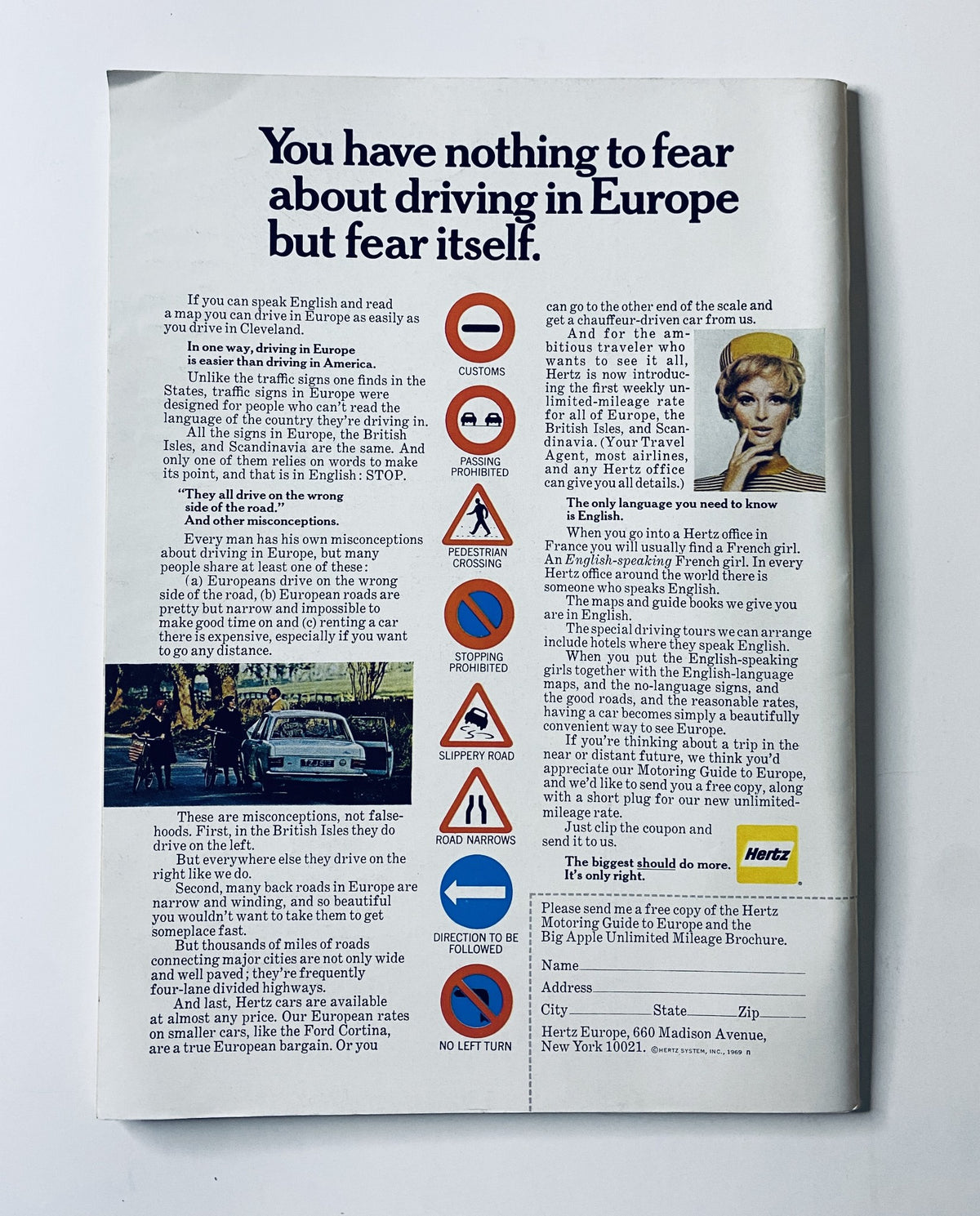 Advertisement encouraging safe driving in Europe, featuring various road signs and instructions, alongside the title 'The New Yorker Magazine June 14, 1969 Charles E. Martin Cover Art VG'.