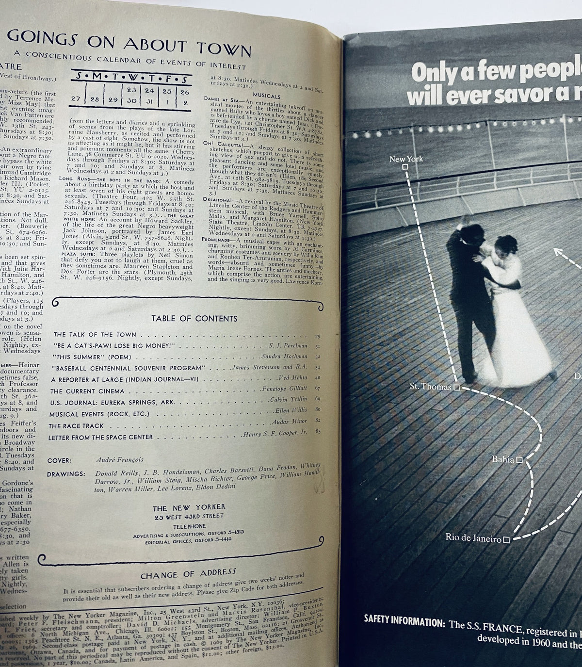 Inside page of The New Yorker Magazine July 26, 1969 showcasing the Table of Contents and event calendar with elegant typography.