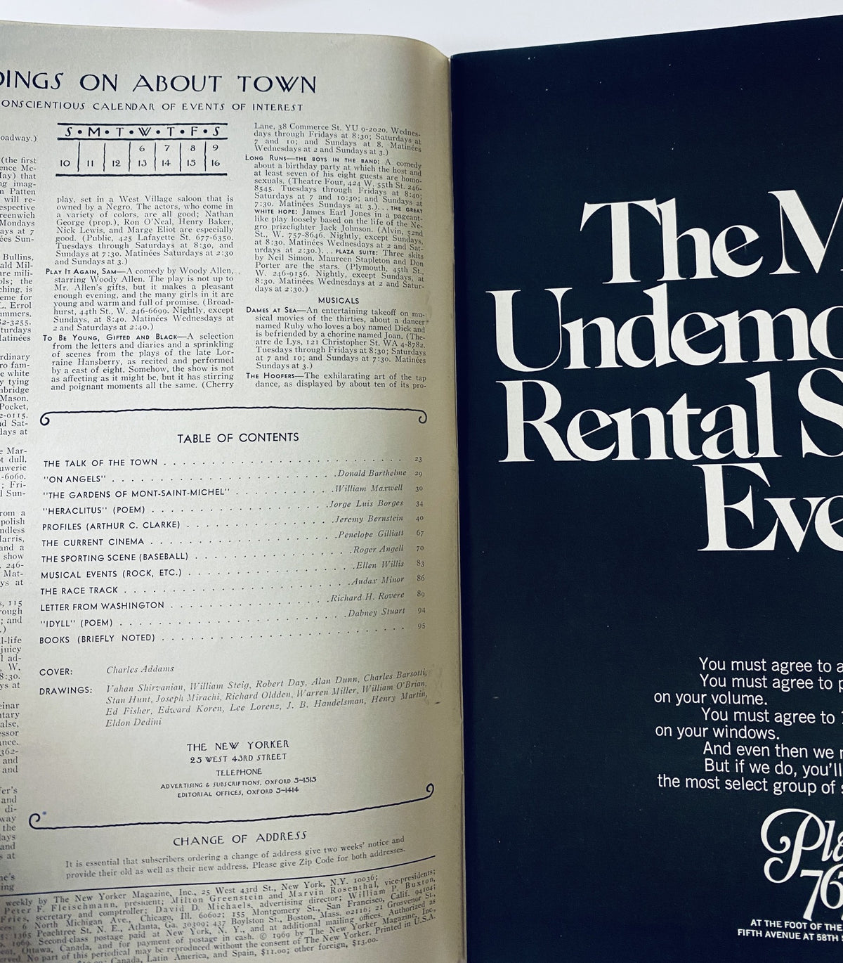 Inside view of The New Yorker Magazine August 9, 1969 showing the table of contents and event calendar, providing details about articles and features in the issue.