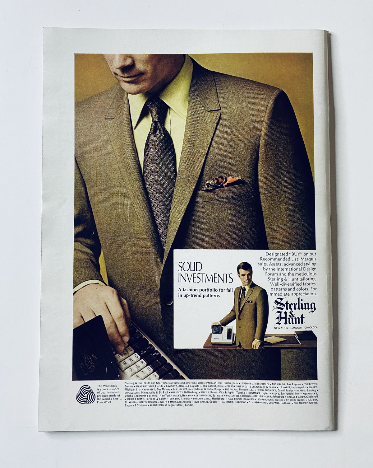 Vintage advertisement from The New Yorker Magazine August 9, 1969 promoting fashion solutions with a model showcasing a stylish suit by Sterling Hunt.