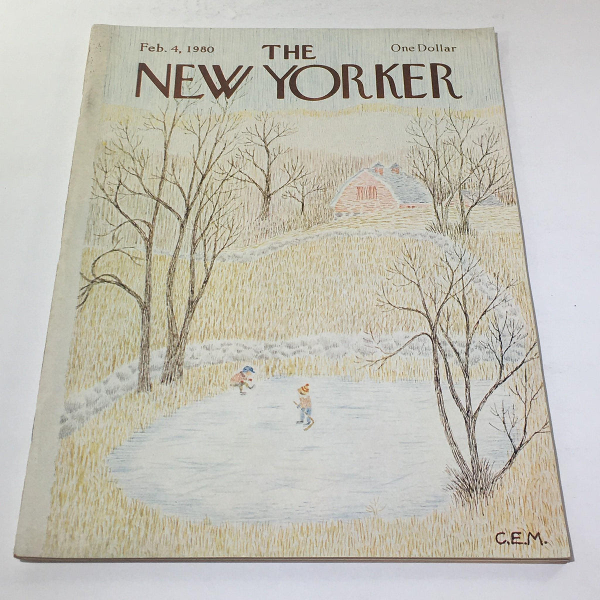 The New Yorker: February 4, 1980 Full Magazine cover illustrated by Charles E. Martin, featuring a serene winter scene with children ice skating on a frozen pond, surrounded by bare trees and a rustic cabin in the background.