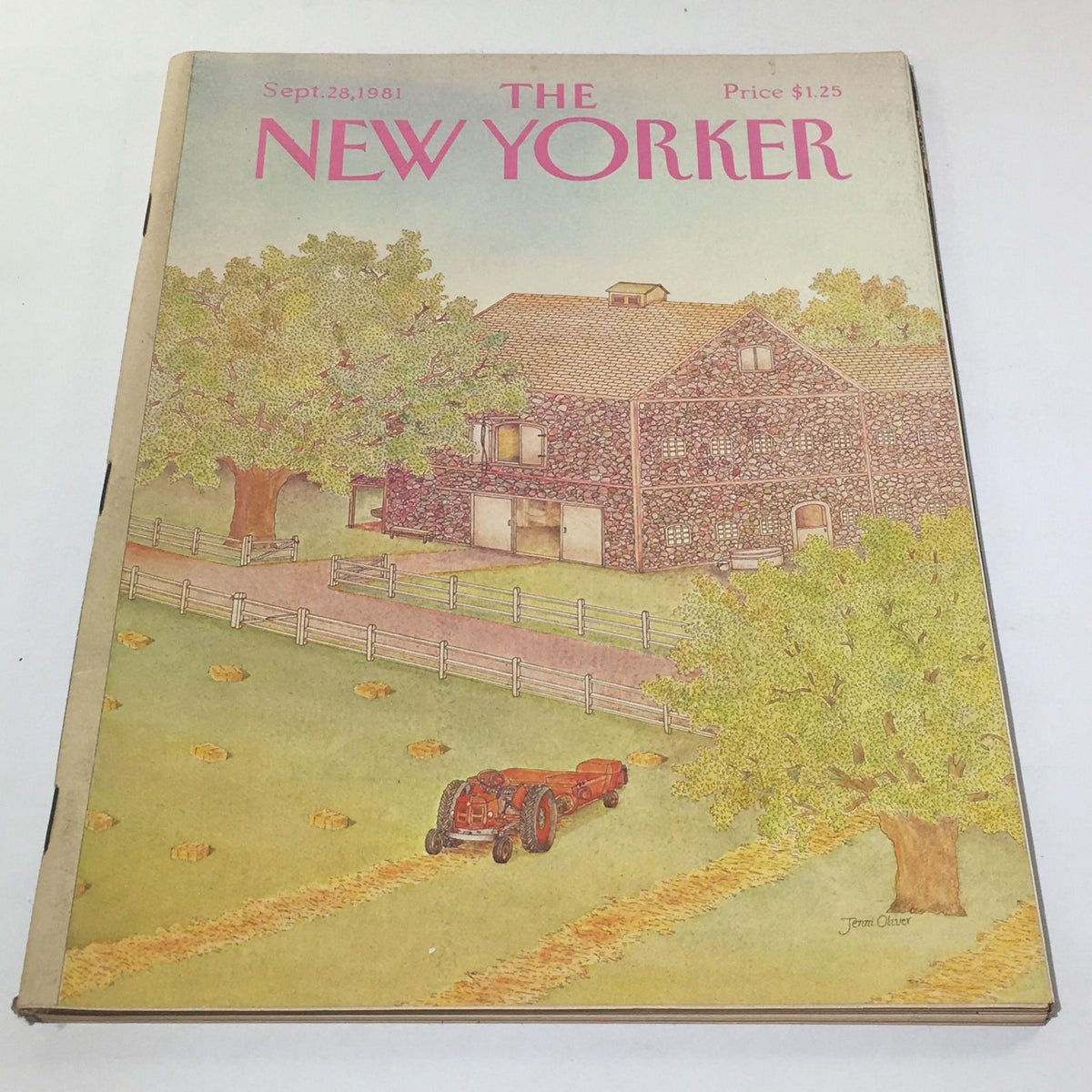 Cover of The New Yorker magazine from September 28, 1981, featuring a picturesque rural scene with a tractor, stone house, and trees, illustrated by Jenm Oliver.