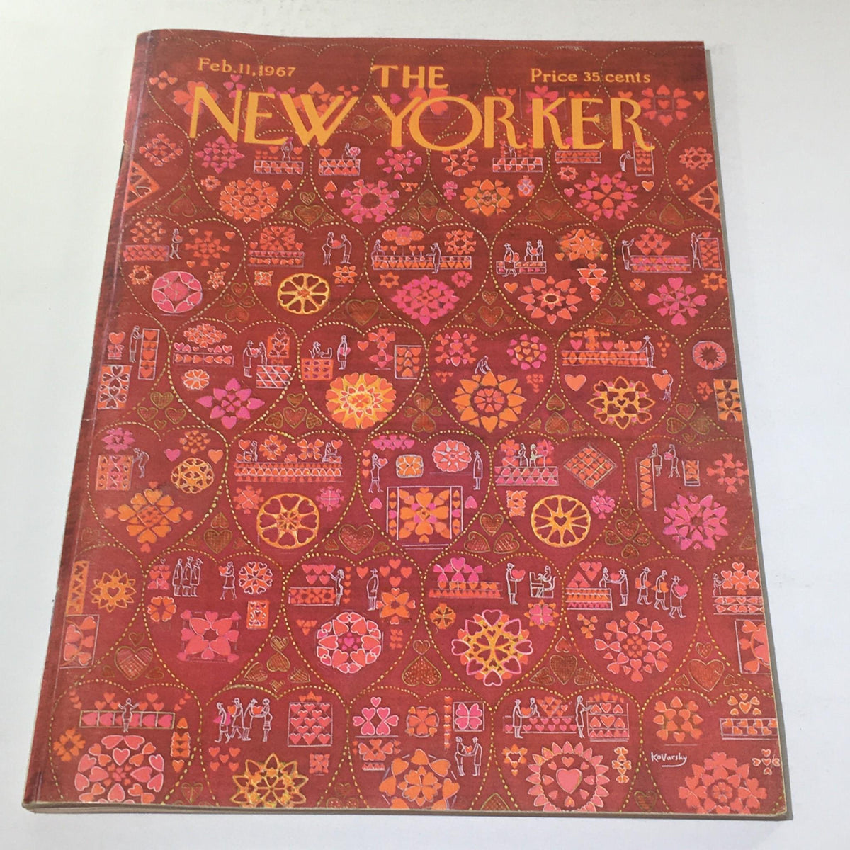 The New Yorker: February 11, 1967 magazine cover featuring a vibrant design by Ilonka Kovarsky, showcasing floral patterns and figures in warm colors, reflecting the artistic style of the 1960s.