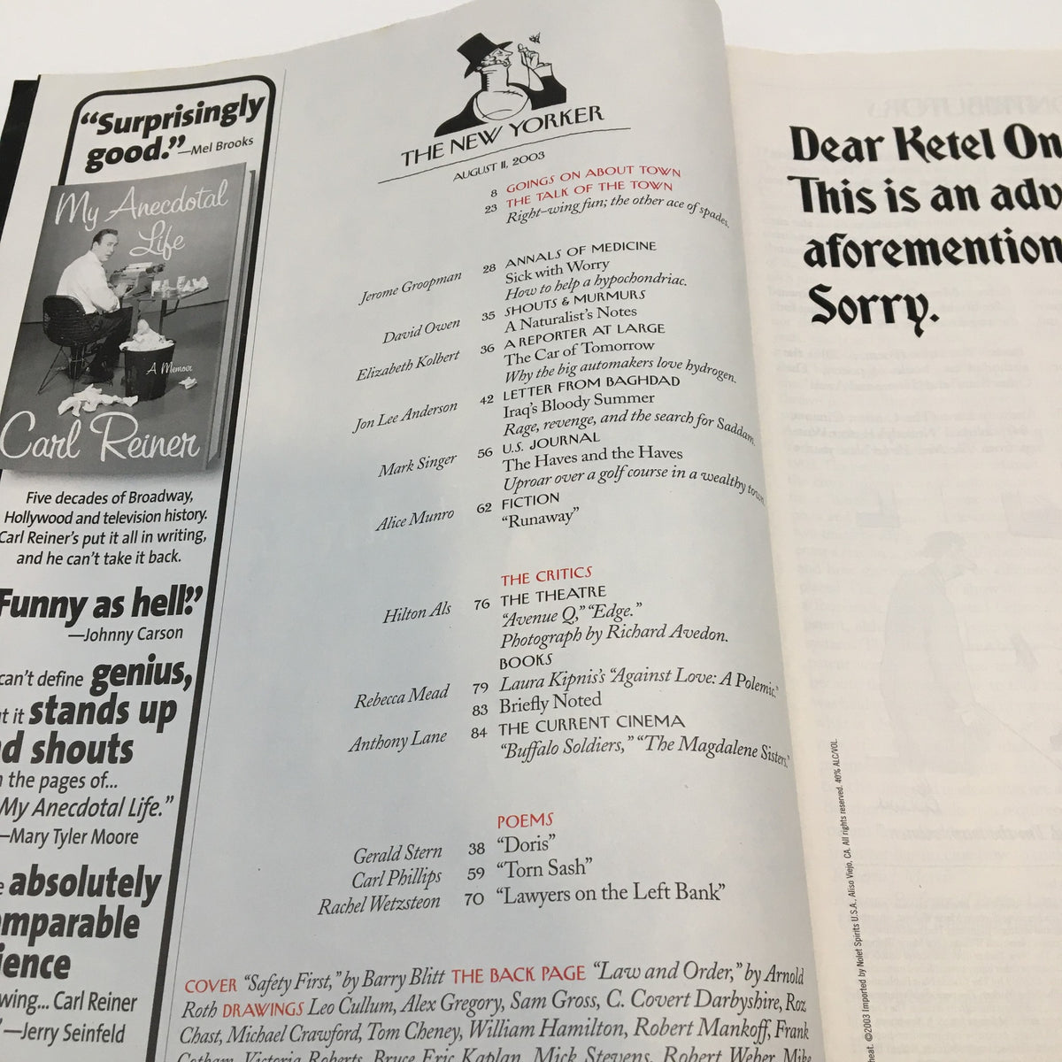 Inside page of The New Yorker magazine, August 11, 2003, displaying the table of contents, revealing articles and segments along with the signature design associated with the publication.