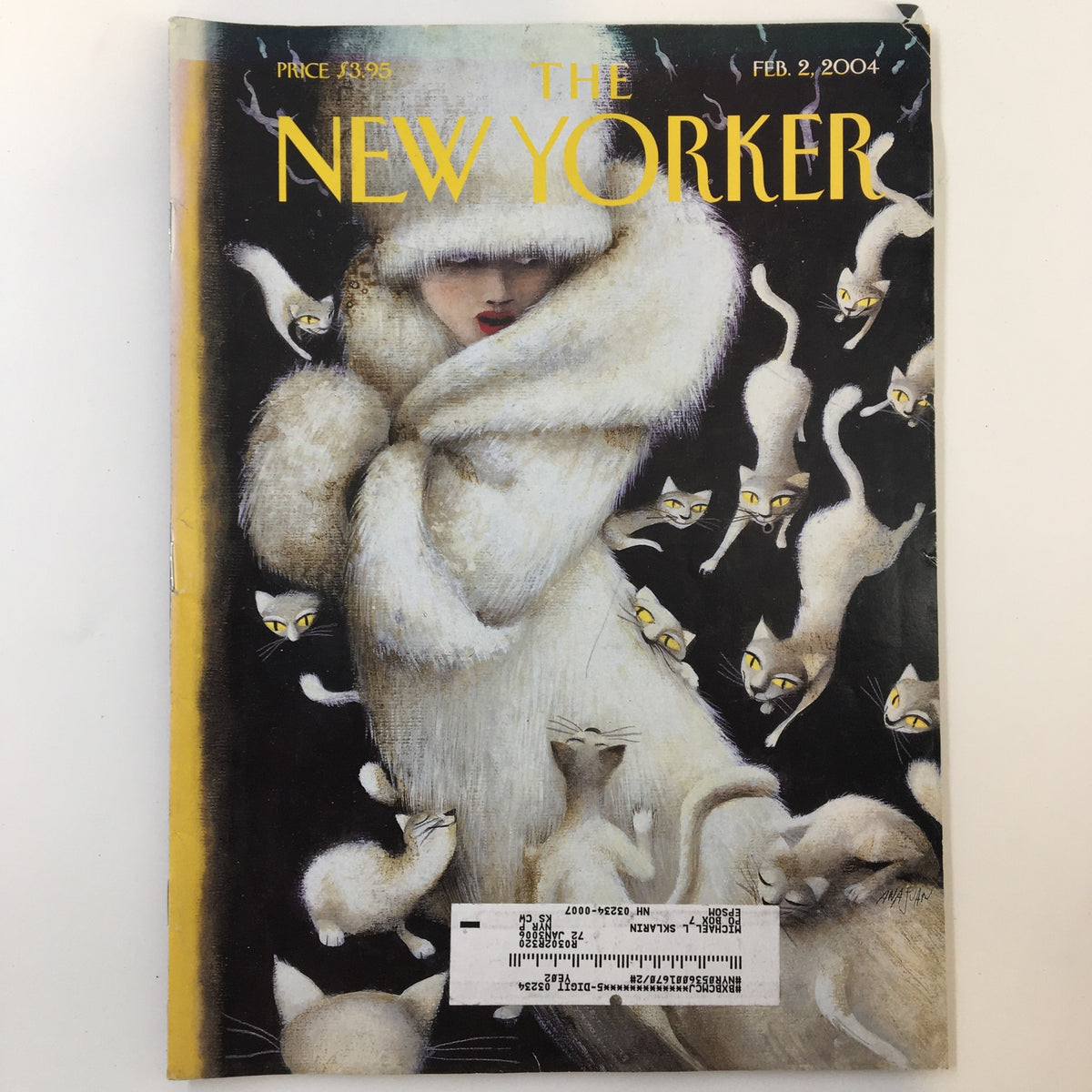 The New Yorker magazine cover from February 2, 2004, featuring the artwork 'Huddling for Warmth' by Ana Juan, showcasing whimsical cats around a woman in a white coat.
