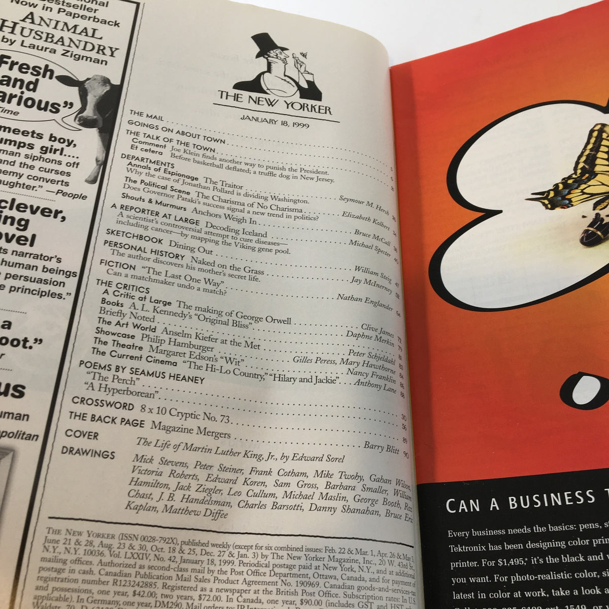 Inside page of The New Yorker magazine dated January 18, 1999, featuring the table of contents and references to the article on Martin Luther King Jr. by Edward Sorel.