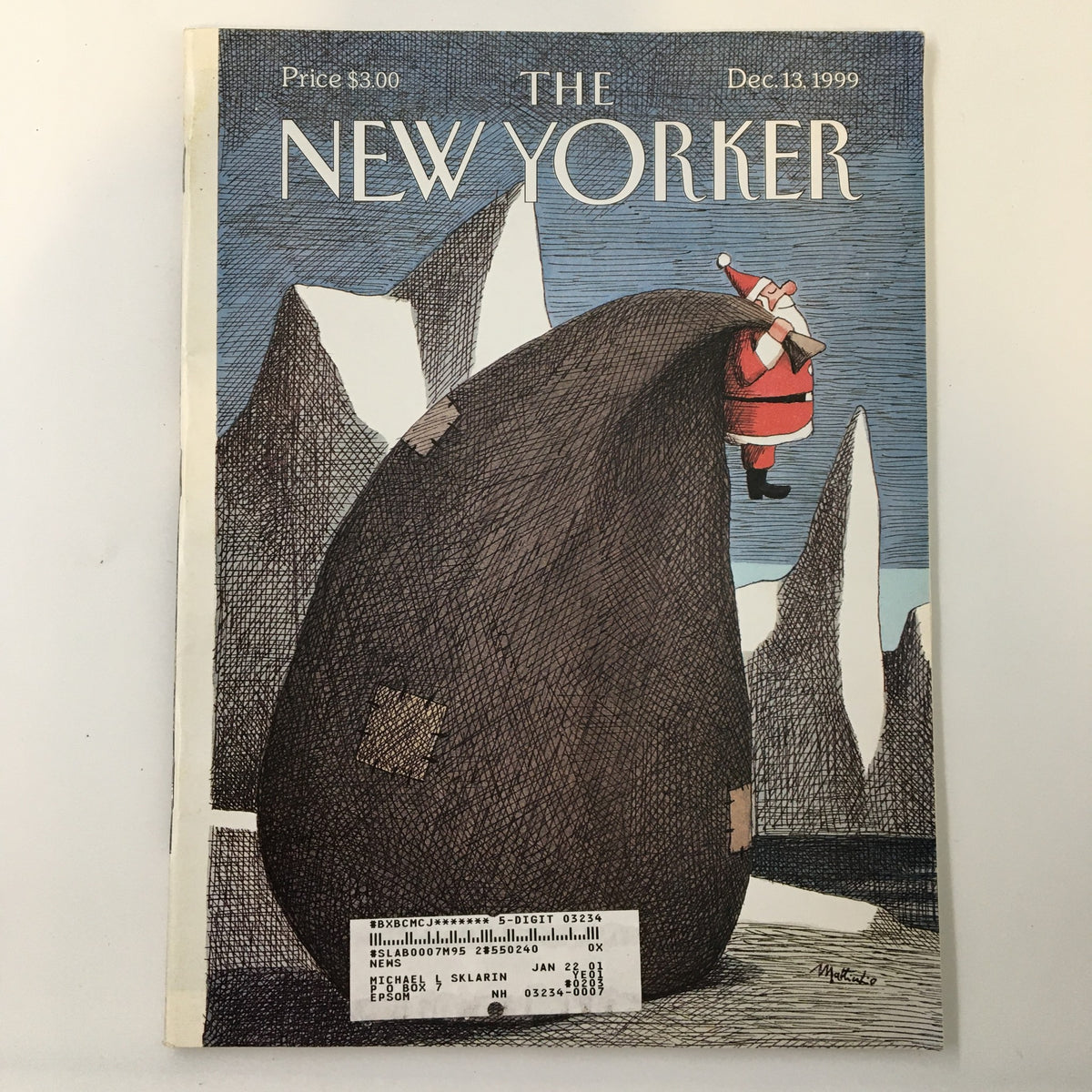 Cover of The New Yorker magazine, December 13, 1999, featuring the artwork 'The Big Bag' by Franco Mattichio, with a whimsical portrayal of Santa Claus.
