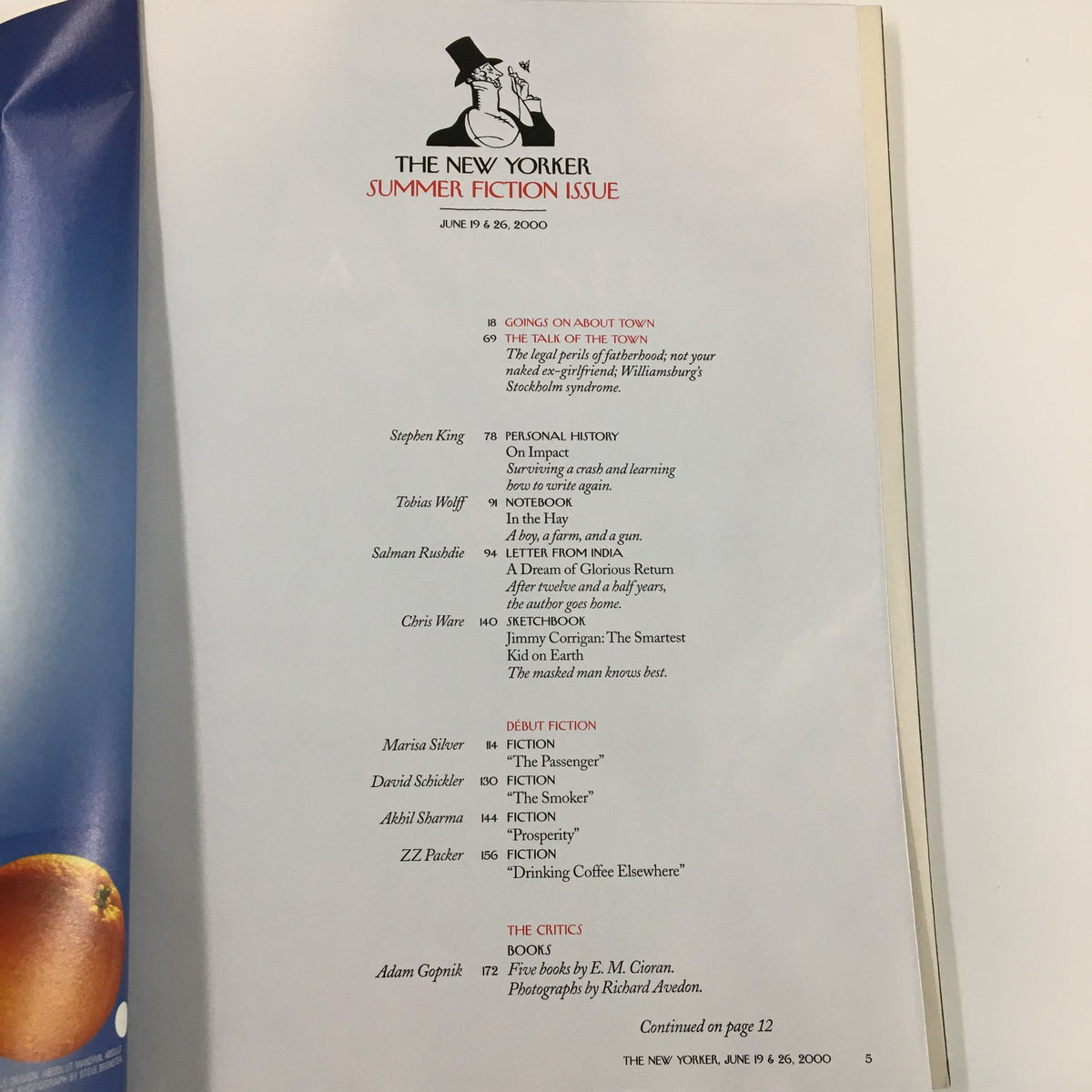 The New Yorker Full Magazine June 19, 2000 contents page showcasing listed articles including 'The Jazz Out Town' and 'Personal History,' highlighting notable contributors.