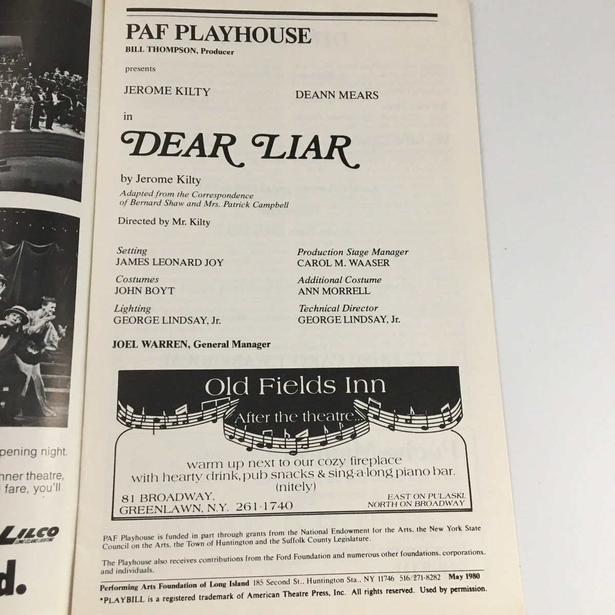 Inside page of the 1980 Playbill for 'Dear Liar', detailing the cast and production credits, including Jerome Kilty and Deann Mears, from PAF Playhouse.