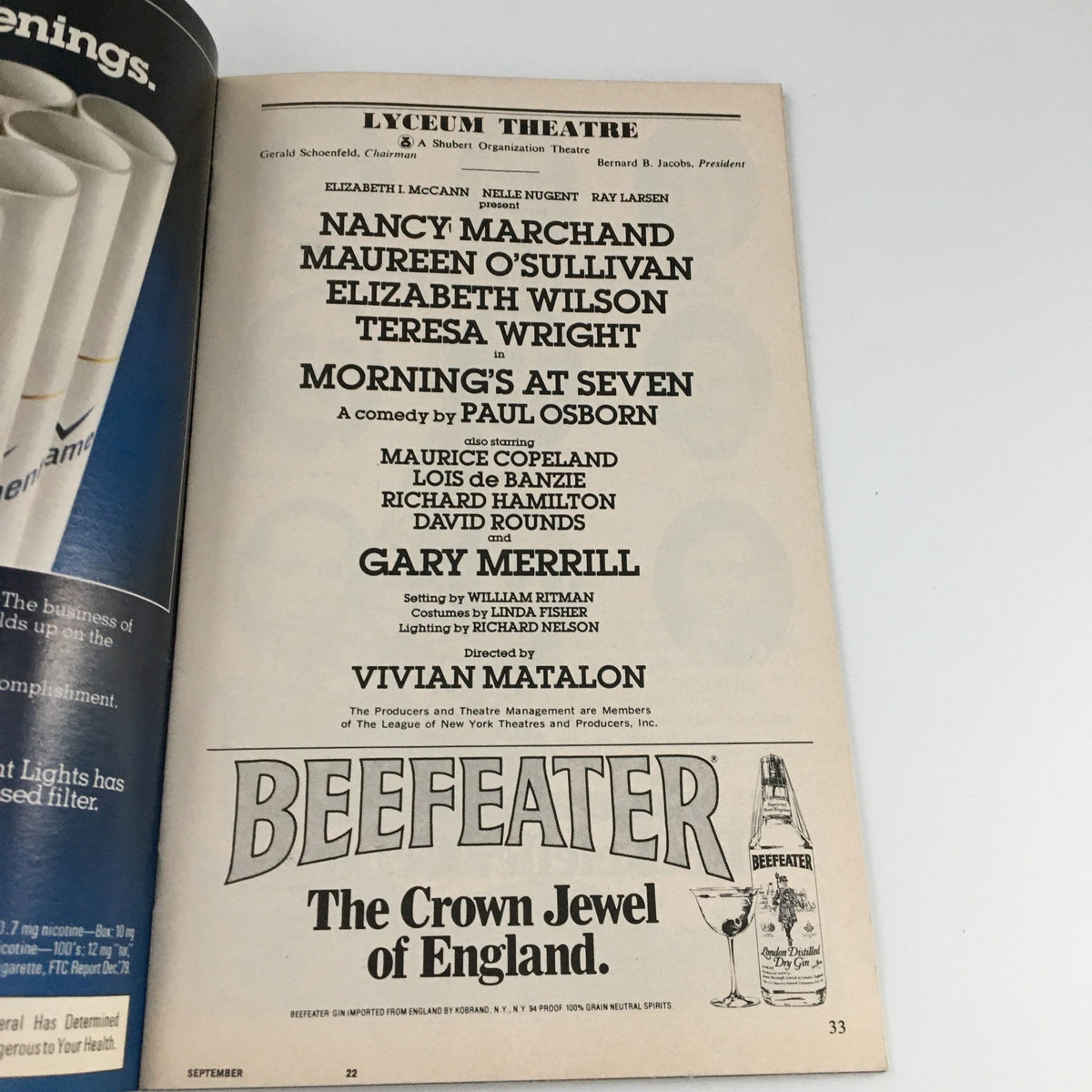Another inside page of the 1980 Playbill from Lyceum Theatre for 'Morning's at Seven', highlighting key production credits and notable actors.