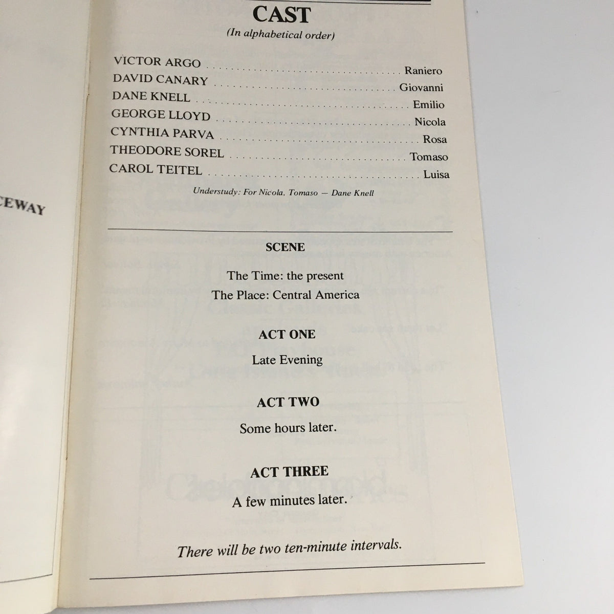 Detailed cast list page from the 1980 Playbill of 'The Burnt Flowerbed' at PAF Playhouse, including notable actors.