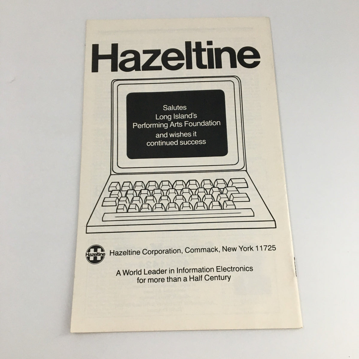 Back cover of the 1980 Playbill from PAF Playhouse for 'The Burnt Flowerbed', featuring an advertisement by Hazeltine Corporation.