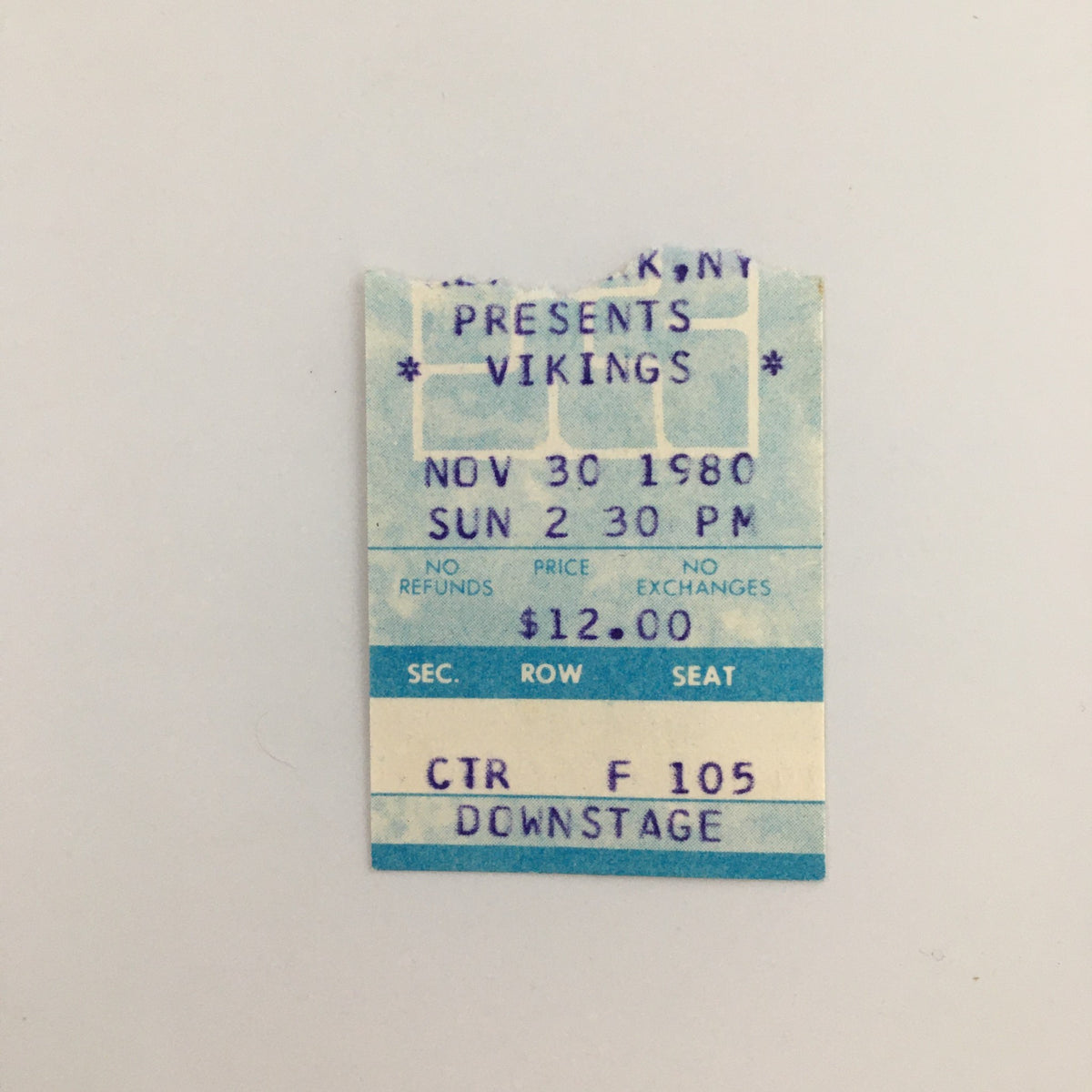Original ticket stub for 'Vikings,' performed on November 30, 1980, at Manhattan Theatre Club.