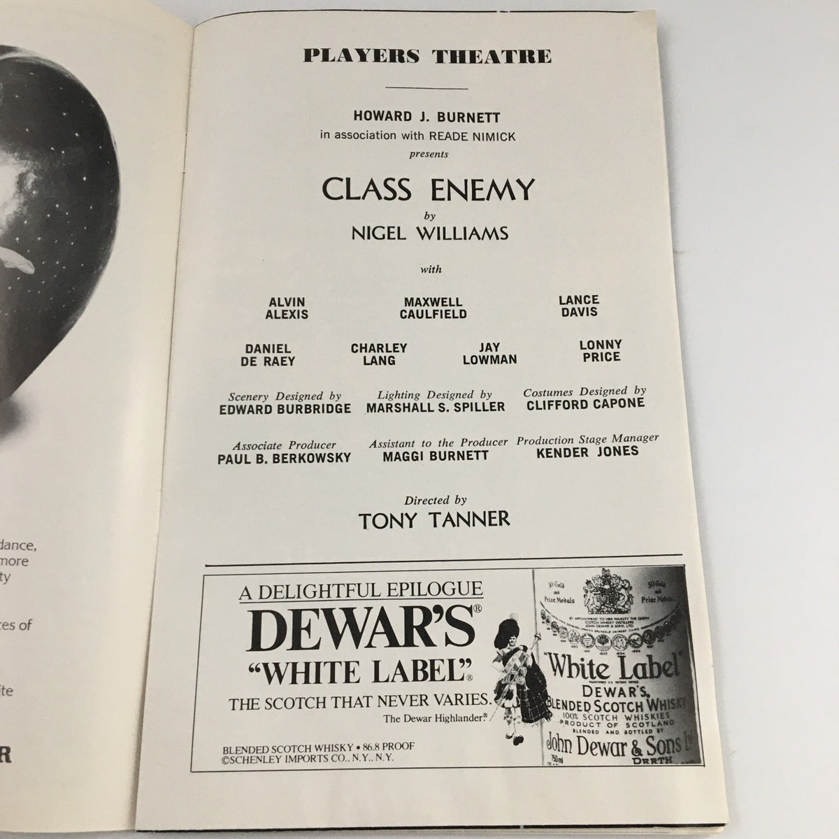 Interior page of the 1980 Showbill for 'Class Enemy' showcasing cast and production details.