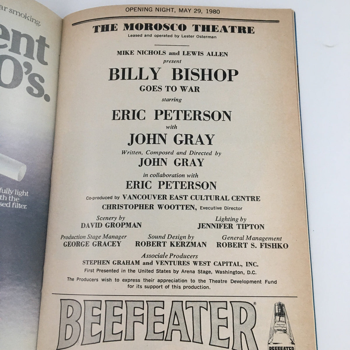 Opening night page of the 1980 Playbill for 'Billy Bishop Goes to War,' detailing the cast and production team.