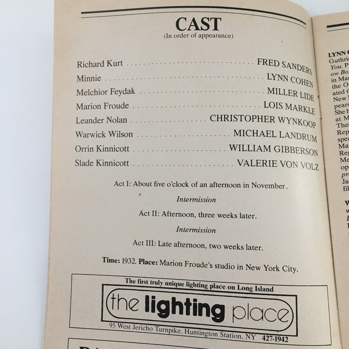 Another interior page of the 1980 Playbill for 'Biography,' listing the cast members with their roles and performance details.