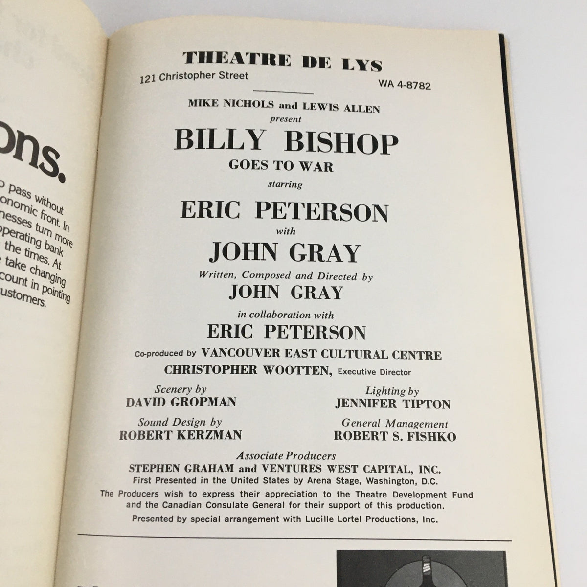 Interior page of the 1980 showbill for 'Billy Bishop Goes to War' featuring cast credits for Eric Peterson and John Gray at Theatre De Lys.