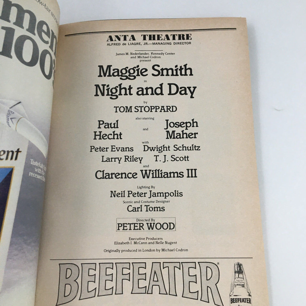 Inside page of the 1980 Playbill for 'Night and Day' at Anta Theatre listing the cast and crew, featuring names like Maggie Smith and Tom Stoppard.