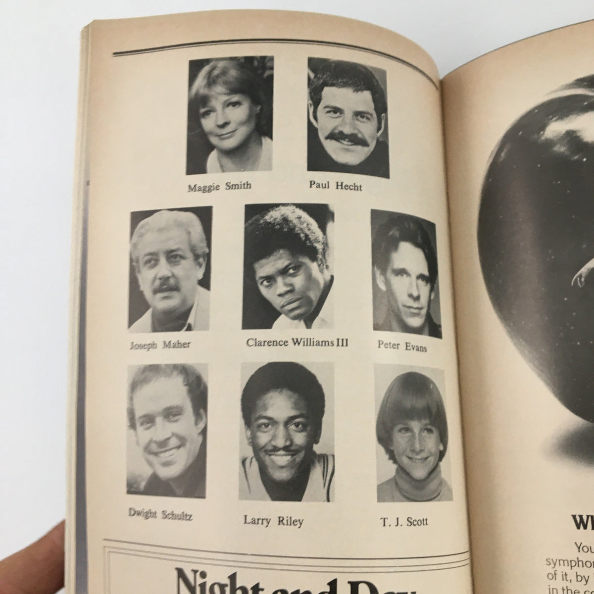 Another inside page of the 1980 Playbill for 'Night and Day' at Anta Theatre displaying headshots of actors, including Maggie Smith and Joseph Maher.