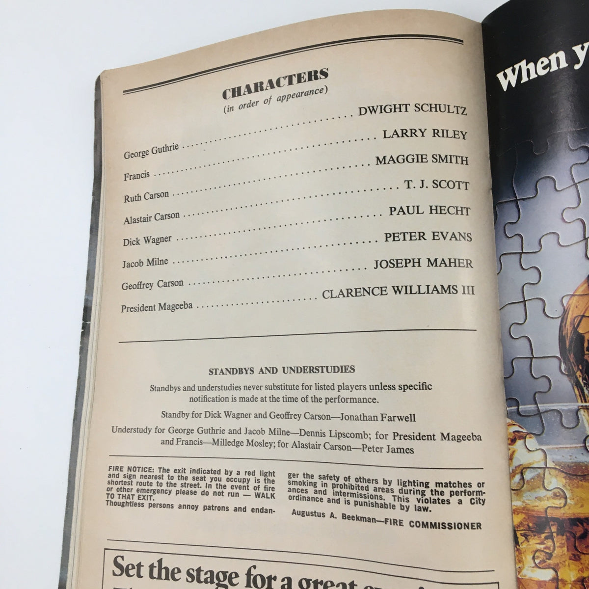 Details from the 1980 Playbill for 'Night and Day' at Anta Theatre outlining character roles and appearances, adding to its collectible significance.