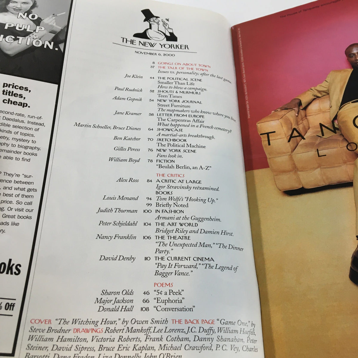 Table of contents page from The New Yorker magazine, November 6, 2000, showcasing articles and contributors, including literary pieces and poems.