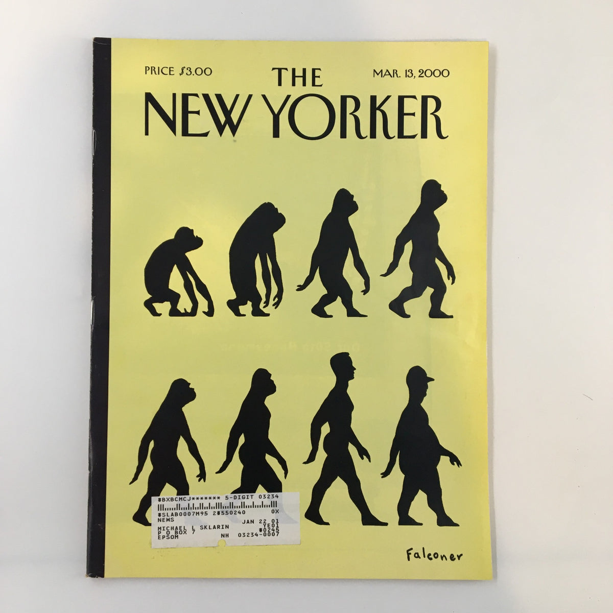 The New Yorker Full Magazine March 13 2000, featuring the cover illustration by Ian Falconer. The cover depicts a series of silhouettes showcasing the evolution of figures from primates to modern humans, symbolizing the theme 'Time Marches'.