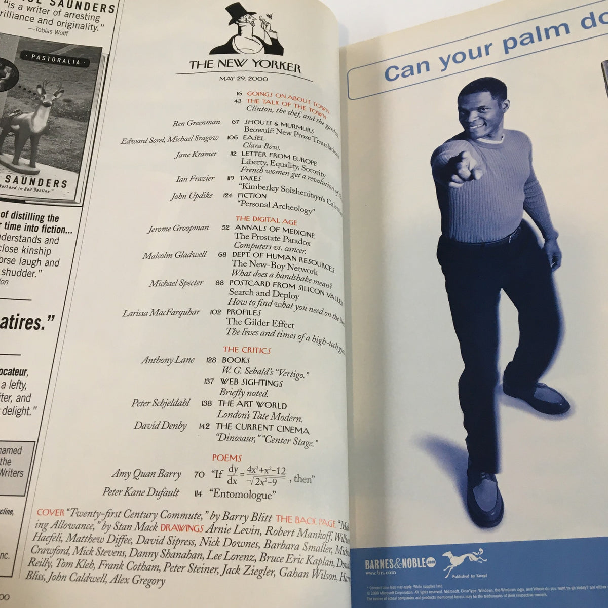 Inside page of The New Yorker Full Magazine May 29, 2000 showing the contents list, including articles and features from notable contributors of that issue, highlighting the cultural significance of the publication.