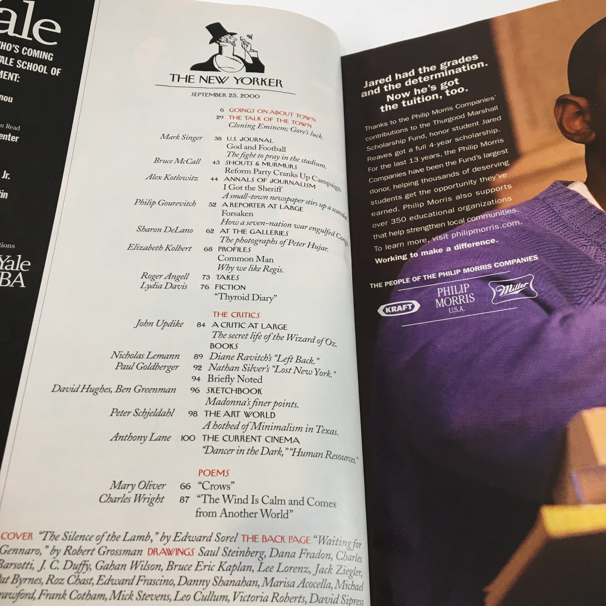 Inside page of The New Yorker Full Magazine September 25 2000 showing the table of contents with various article titles including 'The Silence of the Lamb' by E. Sorel.