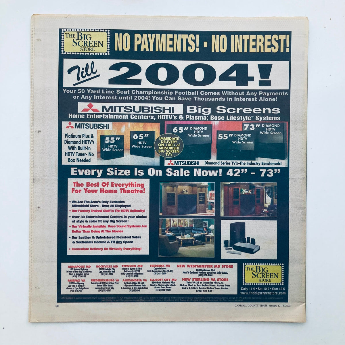 Advertisement page from TV Week Magazine January 12 2003 showcasing The Big Screen Store's promotional offer for home entertainment systems with the tagline 'No Payments! No Interest! Till 2004!'