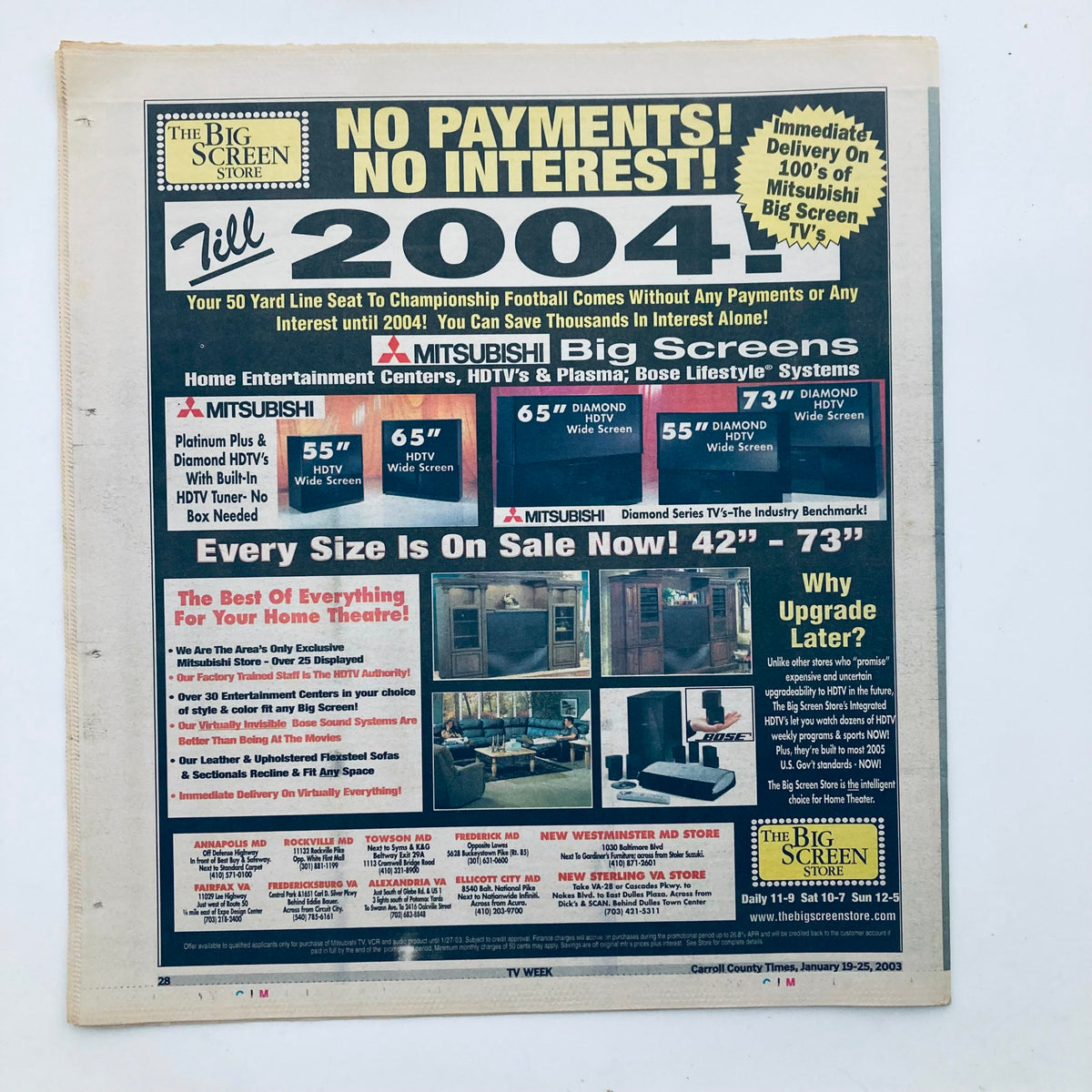 Advertisement page from TV Week Magazine January 19 2003 promoting Mitsubishi Big Screen TVs with a special offer for 2004, reflecting the technology trends and consumer interest during that time.
