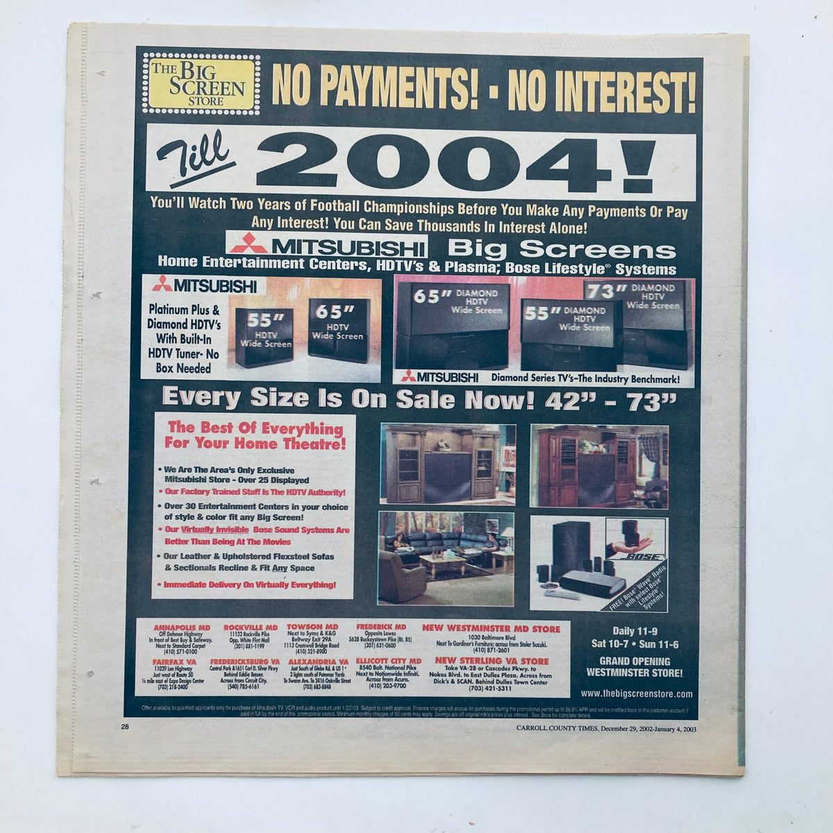 Advertisement page from TV Week Magazine December 29, 2002, promoting Mitsubishi televisions with a 'No Payments Till 2004!' offer.