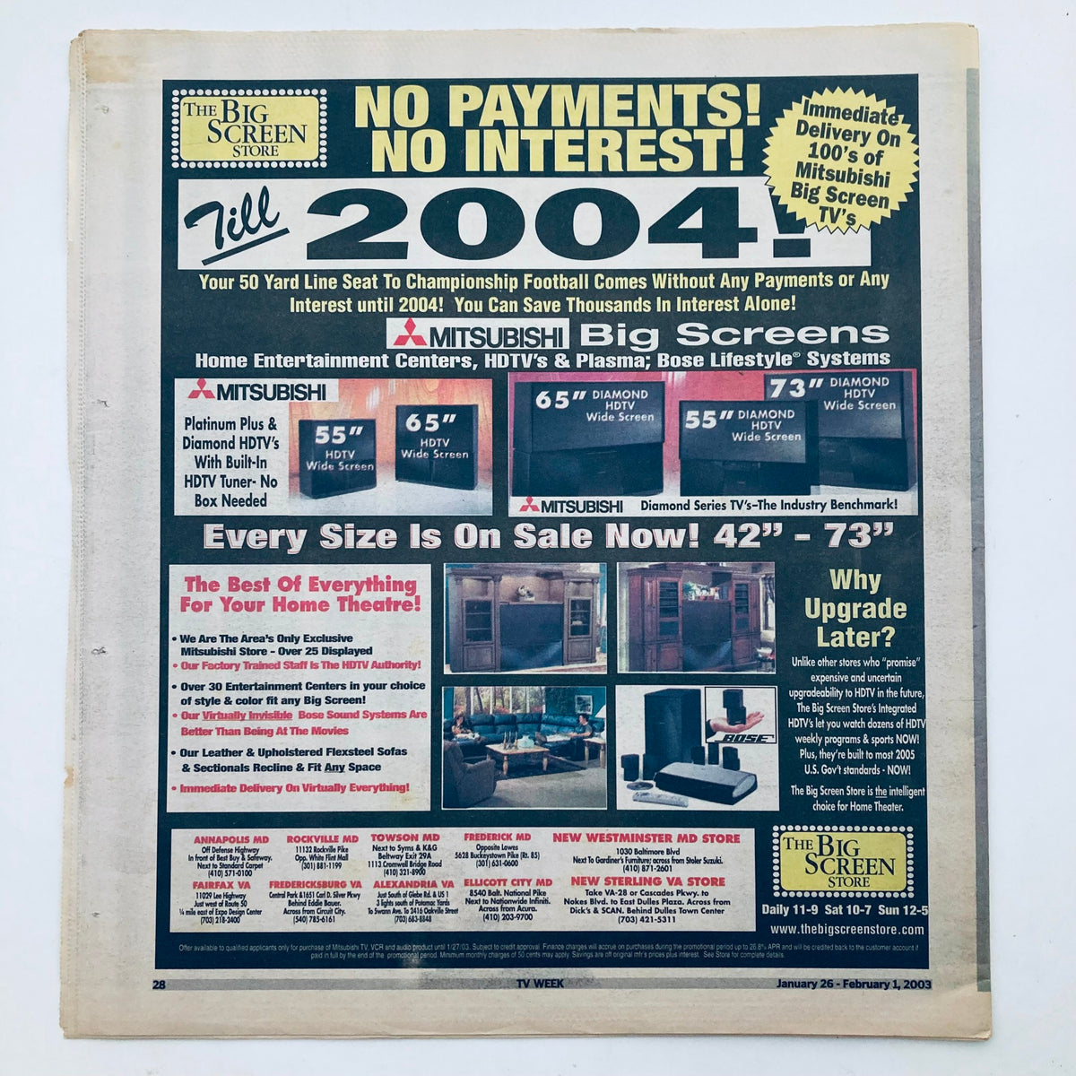 Advertisement page from TV Week Magazine dated January 26, 2003, promoting Mitsubishi Big Screen TVs with the title 'TV Week Magazine January 26 2003 Cobie Smulders, Ryan Merriman No Label'.