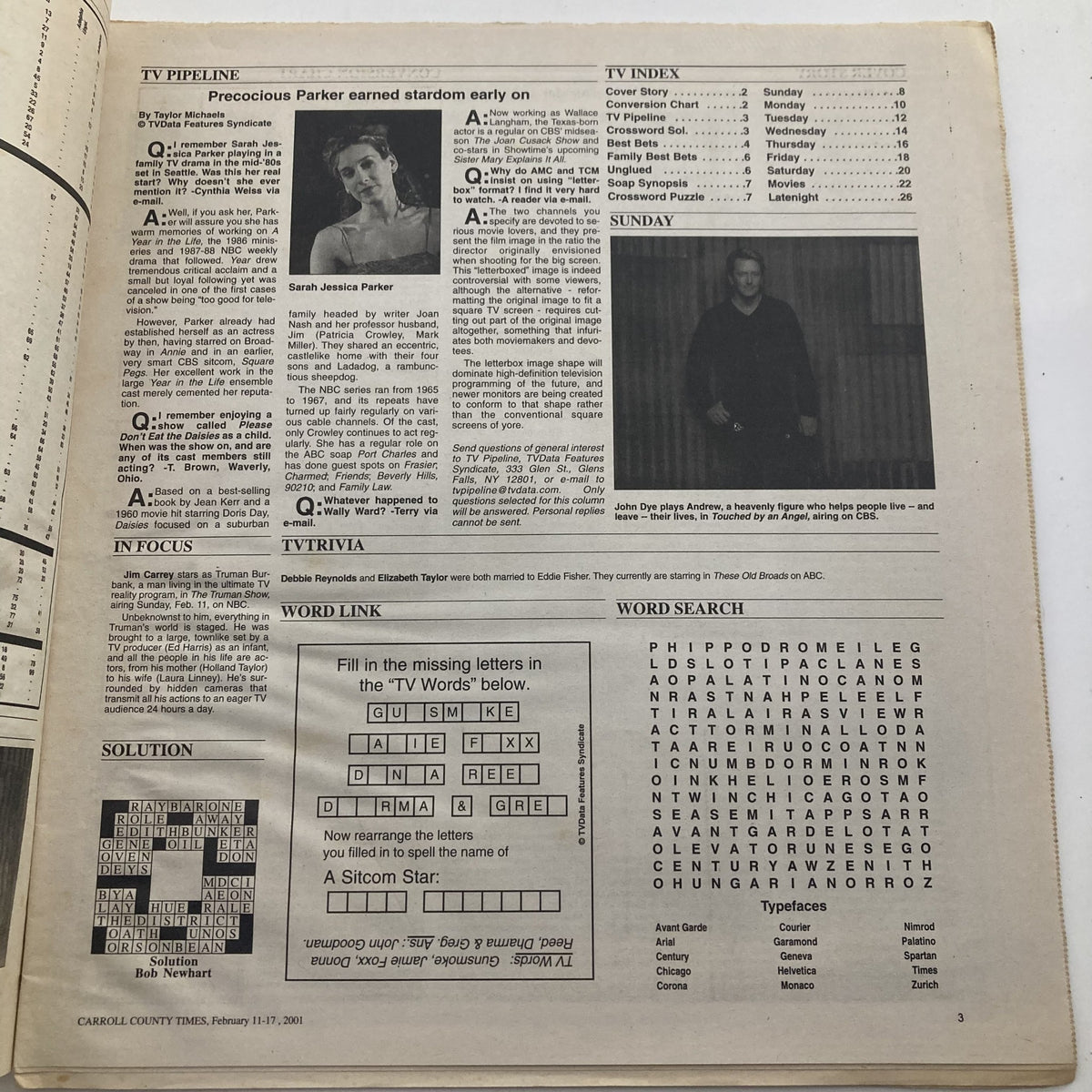 Inside page of TV Week Magazine February 11, 2001, showcasing TV index and a word search puzzle.