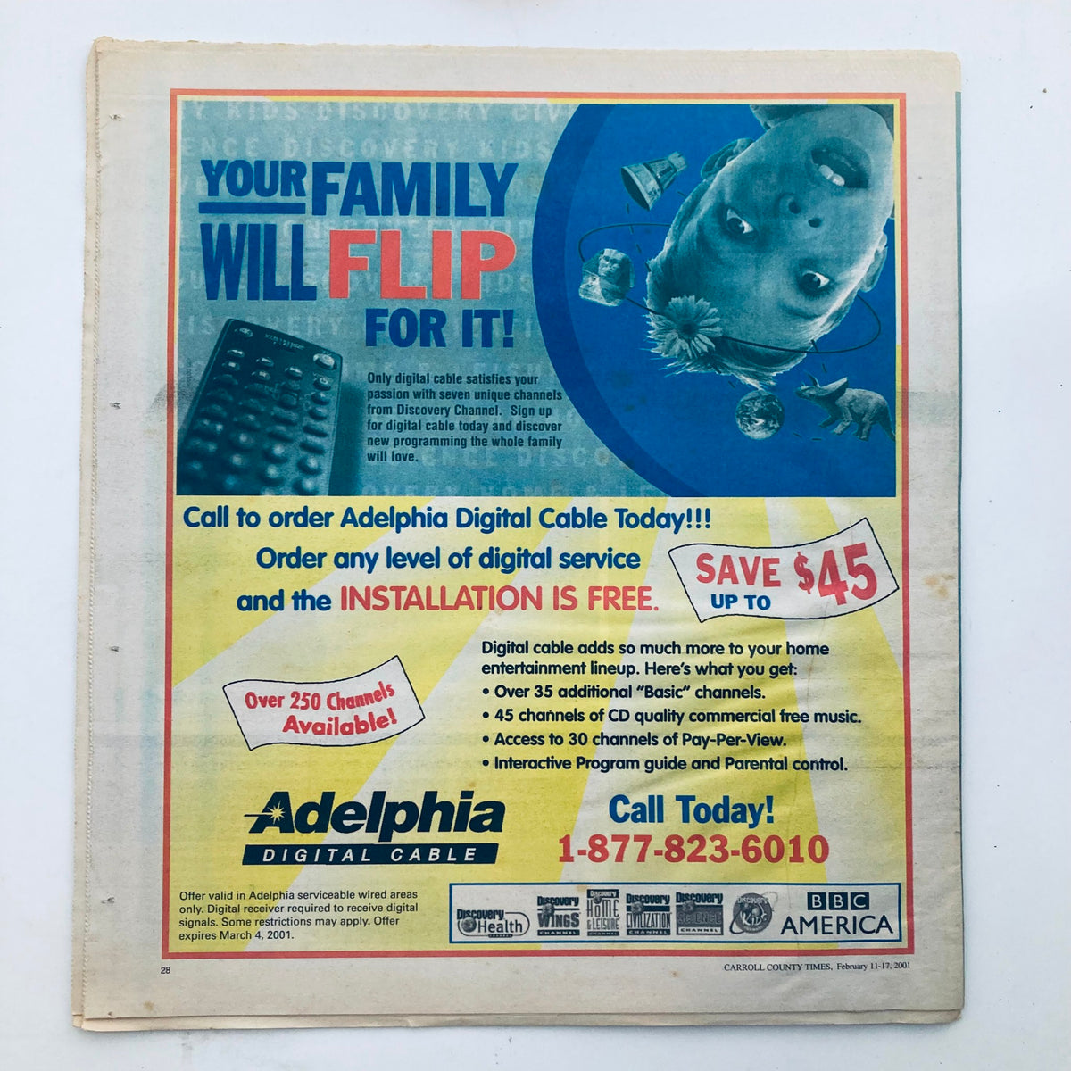 Back cover of TV Week Magazine February 11 2001 featuring an advertisement for Adelphia Digital Cable services, highlighting family entertainment options and digital service offers.