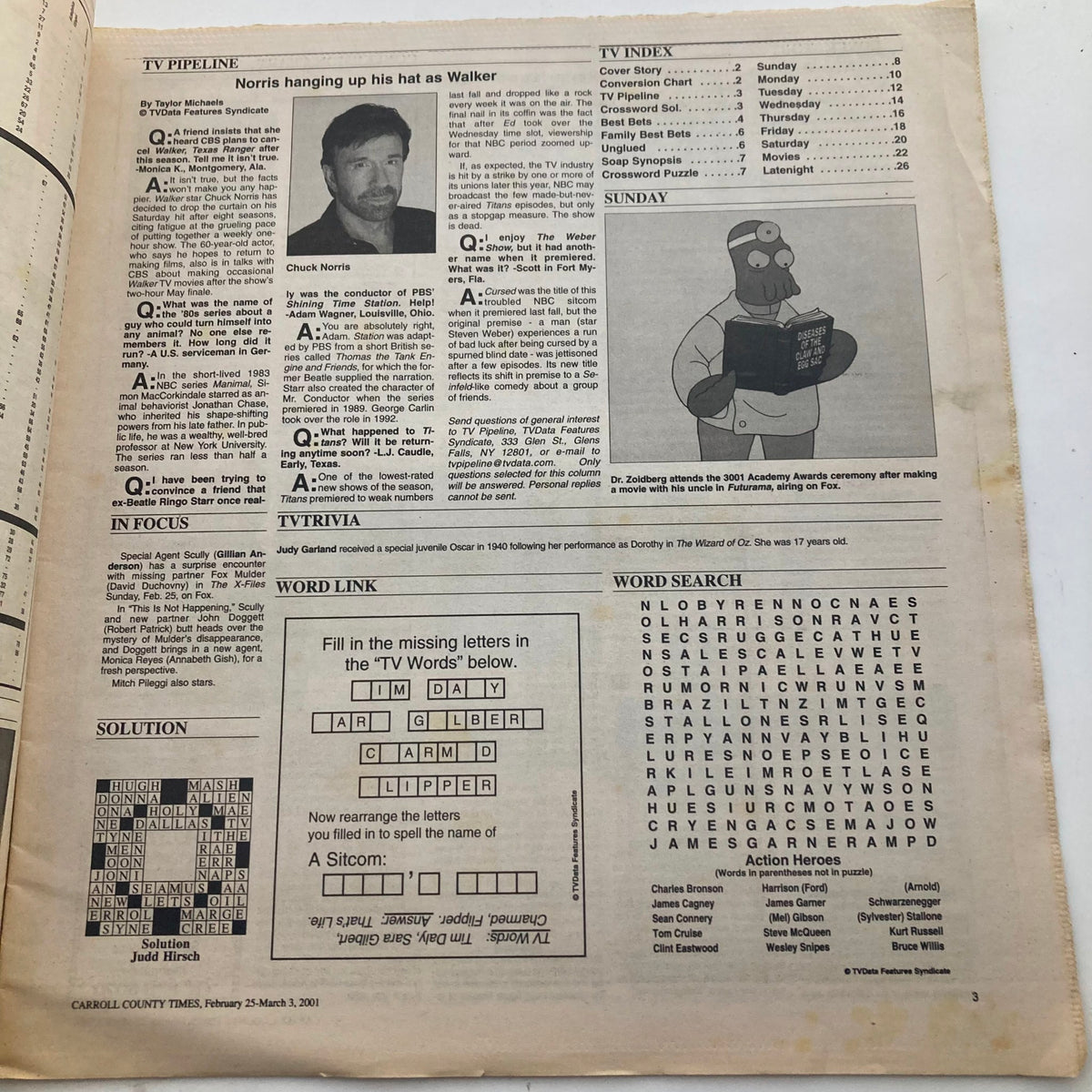 Interior page of TV Week Magazine from February 25, 2001, including a TV pipeline section and crossword puzzle, highlighting popular television shows of the era.