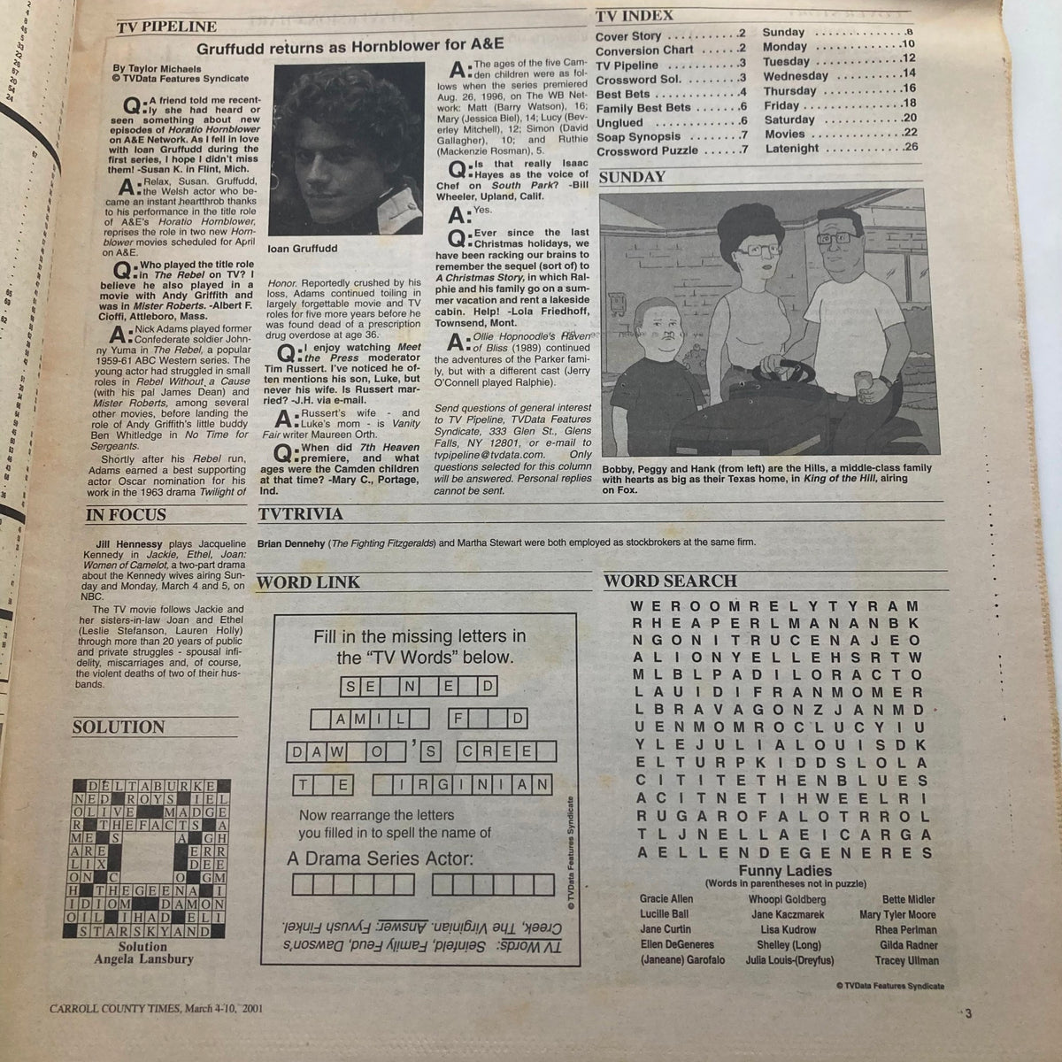 Inside page of TV Week Magazine from March 4, 2001, detailing TV pipeline and listings including A&E's Hornblower, along with a word search and trivia content.