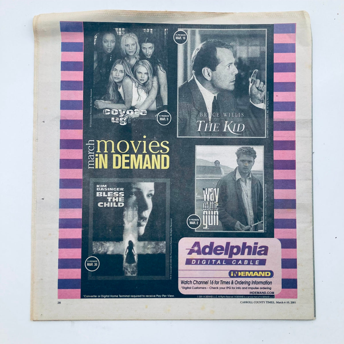 Another inner page of TV Week Magazine from March 4, 2001, displaying movie listings for March including films under 'Movies in Demand' such as Coyote Ugly and The Kid.